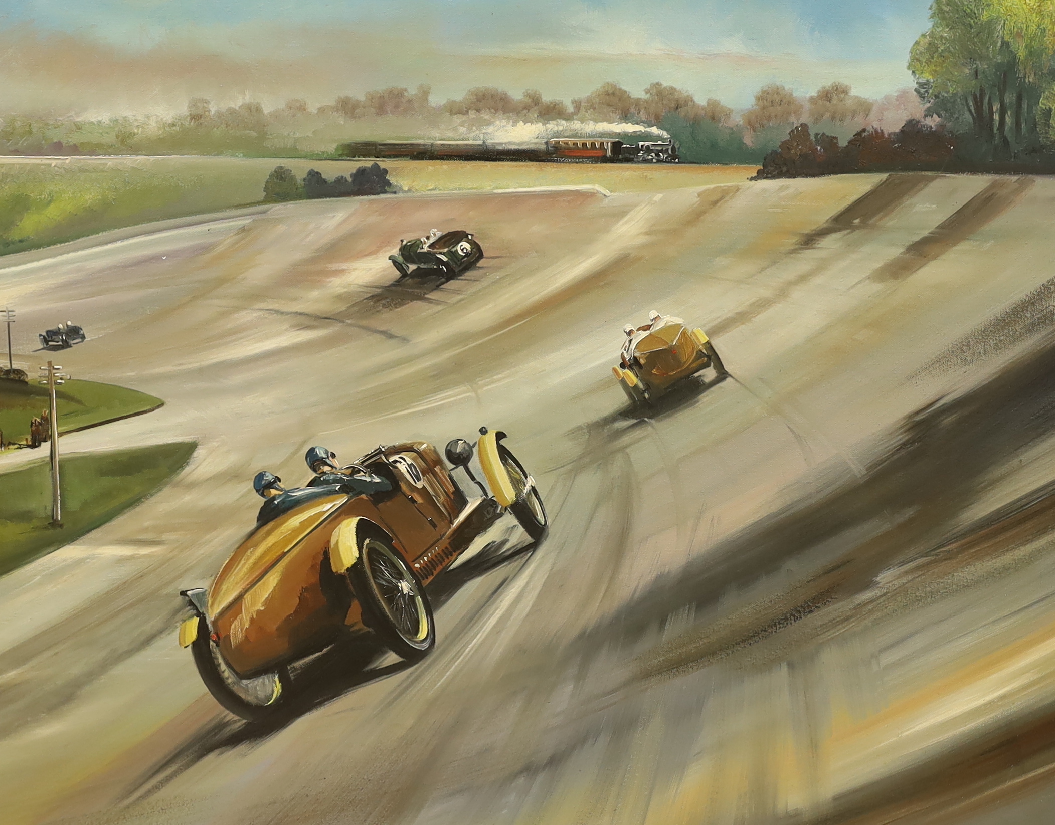 Dion Pears (1929-1985), oil on board, ‘Racing scene with distant locomotive’, signed, 69 x 90cm